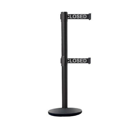 Retractable Dual Belt Belt Barrier Stanchion, Black Post, Cast Iron Base, 9 Ft. Belt - Montour Line MI630D