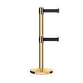 Retractable Dual Belt Barrier Stanchion, Cast Iron Base, Polished Brass Post, 7.5 ft Belt - Montour Line MI630D