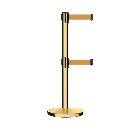 Retractable Dual Belt Barrier Stanchion, Cast Iron Base, Polished Brass Post, 7.5 ft Belt - Montour Line MI630D