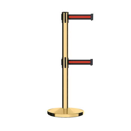 Retractable Dual Belt Barrier Stanchion, Cast Iron Base, Polished Brass Post, 7.5 ft Belt - Montour Line MI630D