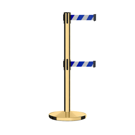 Retractable Dual Belt Barrier Stanchion, Cast Iron Base, Polished Brass Post, 7.5 ft Belt - Montour Line MI630D