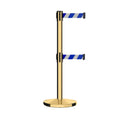 Retractable Dual Belt Barrier Stanchion, Cast Iron Base, Polished Brass Post, 11 ft Belt - Montour Line MI630D