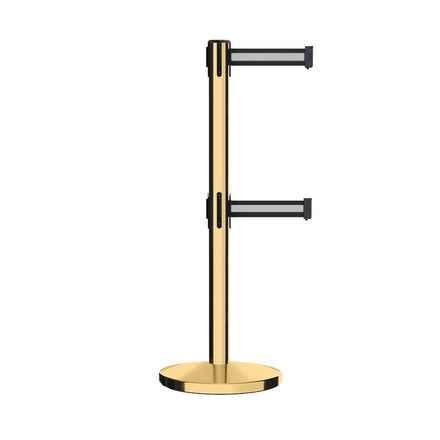 Retractable Dual Belt Barrier Stanchion, Cast Iron Base, Polished Brass Post, 11 ft Belt - Montour Line MI630D