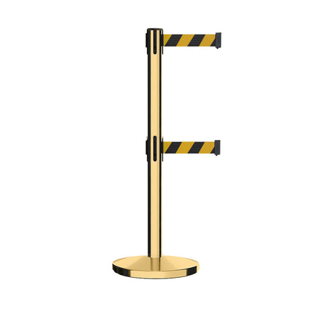 Retractable Dual Belt Barrier Stanchion, Cast Iron Base, Polished Brass Post, 11 ft Belt - Montour Line MI630D