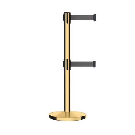 Retractable Dual Belt Barrier Stanchion, Cast Iron Base, Polished Brass Post, 7.5 ft Belt - Montour Line MI630D