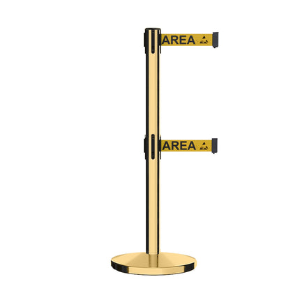 Retractable Dual Belt Barrier Stanchion, Cast Iron Base, Polished Brass Post, 7.5 ft Belt - Montour Line MI630D