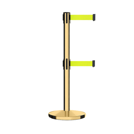 Retractable Dual Belt Barrier Stanchion, Cast Iron Base, Polished Brass Post, 11 ft Belt - Montour Line MI630D