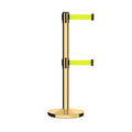 Retractable Dual Belt Barrier Stanchion, Cast Iron Base, Polished Brass Post, 7.5 ft Belt - Montour Line MI630D