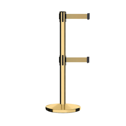 Retractable Dual Belt Barrier Stanchion, Cast Iron Base, Polished Brass Post, 11 ft Belt - Montour Line MI630D