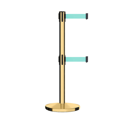 Retractable Dual Belt Barrier Stanchion, Cast Iron Base, Polished Brass Post, 11 ft Belt - Montour Line MI630D