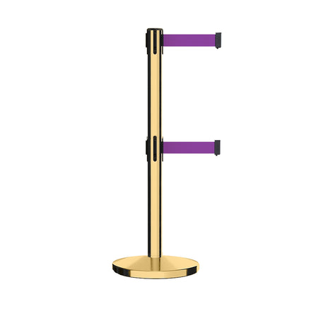 Retractable Dual Belt Barrier Stanchion, Cast Iron Base, Polished Brass Post, 11 ft Belt - Montour Line MI630D