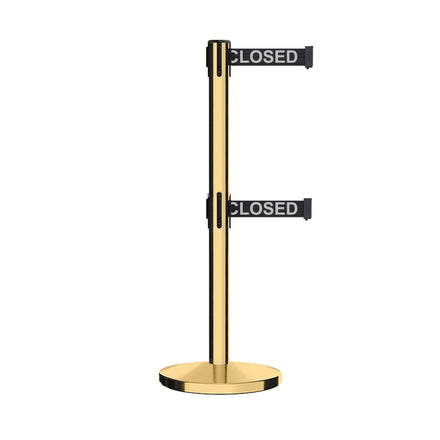 Retractable Dual Belt Barrier Stanchion, Cast Iron Base, Polished Brass Post, 7.5 ft Belt - Montour Line MI630D