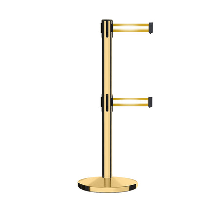 Retractable Dual Belt Barrier Stanchion, Cast Iron Base, Polished Brass Post, 7.5 ft Belt - Montour Line MI630D