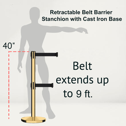 Retractable Dual Belt Barrier Stanchion, Cast Iron Base, Polished Brass Post, 9 ft Belt - Montour Line MI630D