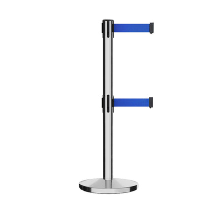 Retractable Dual Belt Barrier Stanchion, Cast Iron Base, Polished Stainless Steel Post, 11 ft Belt - Montour Line MI630D