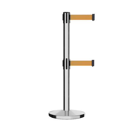 Retractable Dual Belt Barrier Stanchion, Cast Iron Base, Polished Stainless Steel Post, 11 ft Belt - Montour Line MI630D
