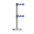 Retractable Dual Belt Barrier Stanchion, Cast Iron Base, Polished Stainless Steel Post, 11 ft Belt - Montour Line MI630D