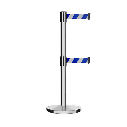 Retractable Dual Belt Barrier Stanchion, Cast Iron Base, Polished Stainless Steel Post, 11 ft Belt - Montour Line MI630D