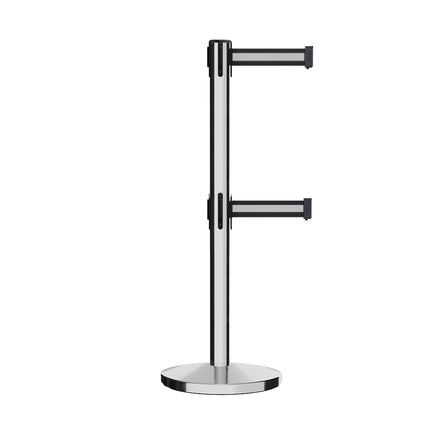 Retractable Dual Belt Barrier Stanchion, Cast Iron Base, Polished Stainless Steel Post, 11 ft Belt - Montour Line MI630D