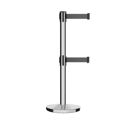Retractable Dual Belt Barrier Stanchion, Cast Iron Base, Polished Stainless Steel Post, 11 ft Belt - Montour Line MI630D