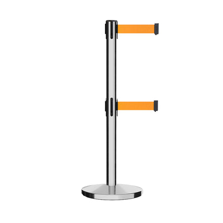 Retractable Dual Belt Barrier Stanchion, Cast Iron Base, Polished Stainless Steel Post, 11 ft Belt - Montour Line MI630D