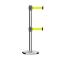 Retractable Dual Belt Barrier Stanchion, Cast Iron Base, Polished Stainless Steel Post, 11 ft Belt - Montour Line MI630D