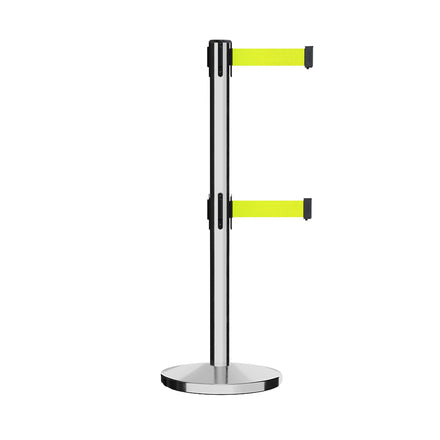 Retractable Dual Belt Barrier Stanchion, Cast Iron Base, Polished Stainless Steel Post, 11 ft Belt - Montour Line MI630D