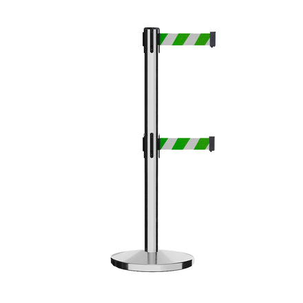 Retractable Dual Belt Barrier Stanchion, Cast Iron Base, Polished Stainless Steel Post, 11 ft Belt - Montour Line MI630D