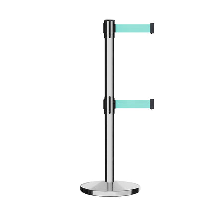 Retractable Dual Belt Barrier Stanchion, Cast Iron Base, Polished Stainless Steel Post, 11 ft Belt - Montour Line MI630D