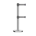 Retractable Dual Belt Barrier Stanchion, Cast Iron Base, Polished Stainless Steel Post, 11 ft Belt - Montour Line MI630D