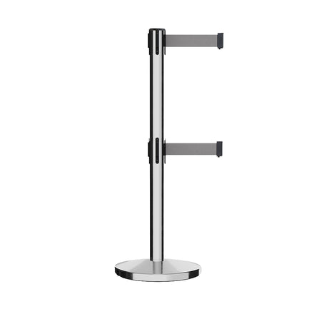 Retractable Dual Belt Barrier Stanchion, Cast Iron Base, Polished Stainless Steel Post, 11 ft Belt - Montour Line MI630D