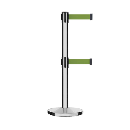 Retractable Dual Belt Barrier Stanchion, Cast Iron Base, Polished Stainless Steel Post, 11 ft Belt - Montour Line MI630D