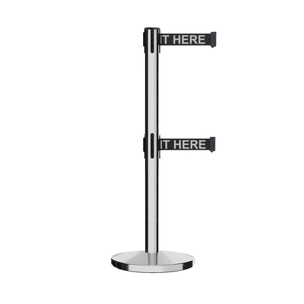 Retractable Dual Belt Barrier Stanchion, Cast Iron Base, Polished Stainless Steel Post, 11 ft Belt - Montour Line MI630D
