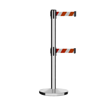 Retractable Dual Belt Barrier Stanchion, Cast Iron Base, Polished Stainless Steel Post, 11 ft Belt - Montour Line MI630D
