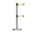 Retractable Dual Belt Barrier Stanchion, Cast Iron Base, Polished Stainless Steel Post, 11 ft Belt - Montour Line MI630D