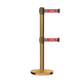 Retractable Dual Belt Barrier Stanchion, Cast Iron Base, Satin Brass Post, 11 ft Belt - Montour Line MI630D