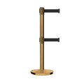 Retractable Dual Belt Barrier Stanchion, Cast Iron Base, Satin Brass Post, 11 ft Belt - Montour Line MI630D
