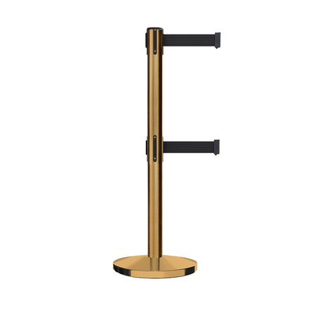 Retractable Dual Belt Barrier Stanchion, Cast Iron Base, Satin Brass Post, 11 ft Belt - Montour Line MI630D