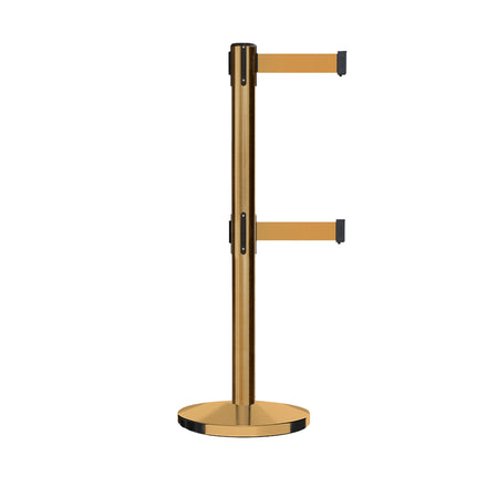 Retractable Dual Belt Barrier Stanchion, Cast Iron Base, Satin Brass Post, 7.5 ft Belt - Montour Line MI630D