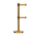 Retractable Dual Belt Barrier Stanchion, Cast Iron Base, Satin Brass Post, 11 ft Belt - Montour Line MI630D