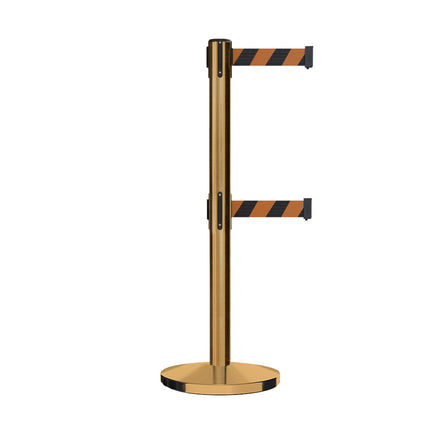 Retractable Dual Belt Barrier Stanchion, Cast Iron Base, Satin Brass Post, 11 ft Belt - Montour Line MI630D