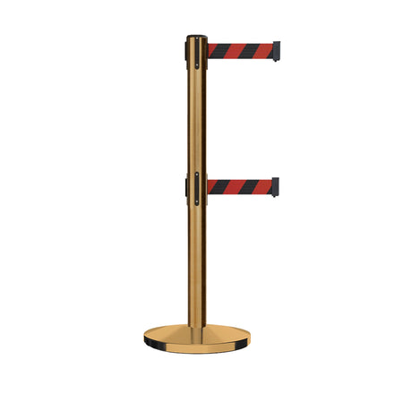Retractable Dual Belt Barrier Stanchion, Cast Iron Base, Satin Brass Post, 11 ft Belt - Montour Line MI630D
