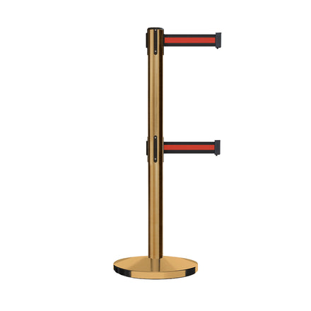 Retractable Dual Belt Barrier Stanchion, Cast Iron Base, Satin Brass Post, 11 ft Belt - Montour Line MI630D