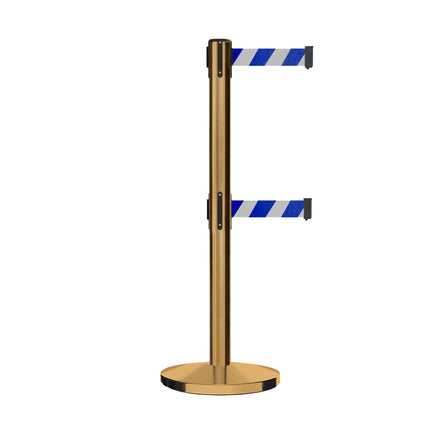 Retractable Dual Belt Barrier Stanchion, Cast Iron Base, Satin Brass Post, 7.5 ft Belt - Montour Line MI630D