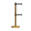 Retractable Dual Belt Barrier Stanchion, Cast Iron Base, Satin Brass Post, 11 ft Belt - Montour Line MI630D