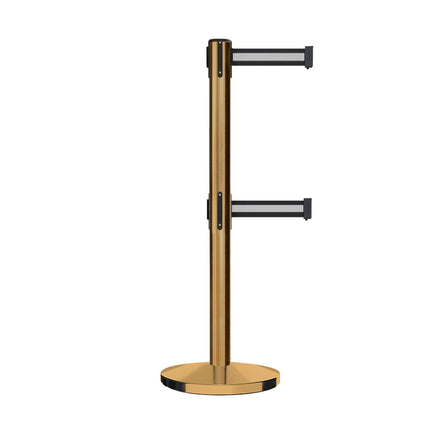 Retractable Dual Belt Barrier Stanchion, Cast Iron Base, Satin Brass Post, 11 ft Belt - Montour Line MI630D