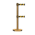 Retractable Dual Belt Barrier Stanchion, Cast Iron Base, Satin Brass Post, 11 ft Belt - Montour Line MI630D