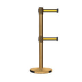 Retractable Dual Belt Barrier Stanchion, Cast Iron Base, Satin Brass Post, 11 ft Belt - Montour Line MI630D