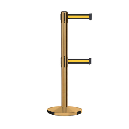 Retractable Dual Belt Barrier Stanchion, Cast Iron Base, Satin Brass Post, 11 ft Belt - Montour Line MI630D