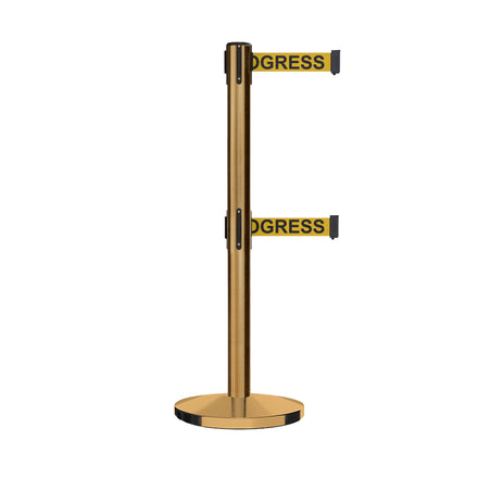 Retractable Dual Belt Barrier Stanchion, Cast Iron Base, Satin Brass Post, 7.5 ft Belt - Montour Line MI630D